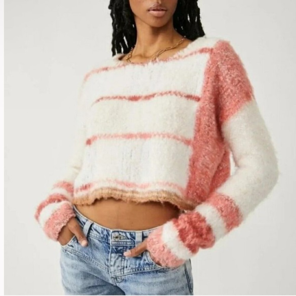 Free People Emerson Cropped Champagne Dream Combo Sweater EUC